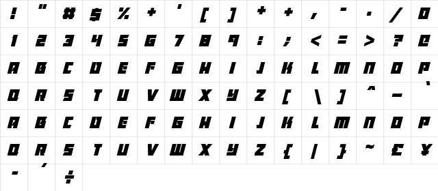Killer Bassline Italic  glyph index