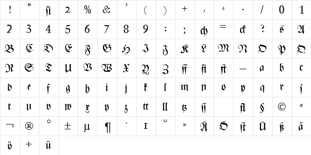 ZenithFraktur Regular  glyph index