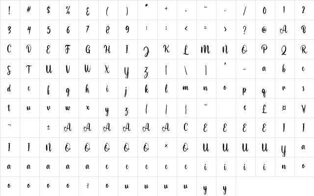 Bonillo Regular  glyph index