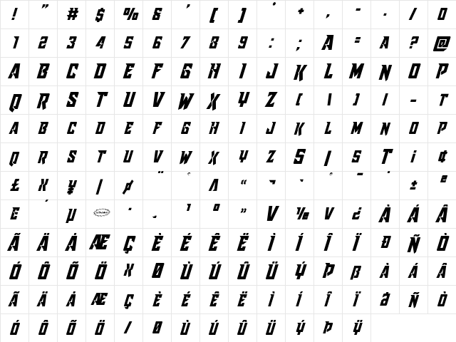 Raider Crusader Shift Up Regular  glyph index