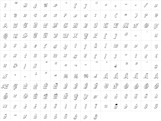 Quest Knight 3D Italic Italic  glyph index