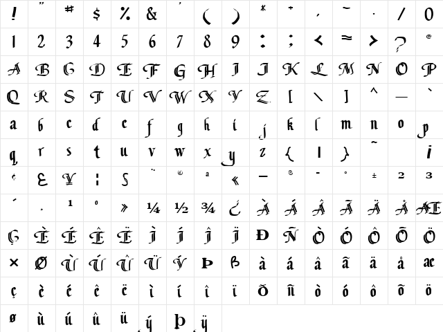 Classic Regular  glyph index