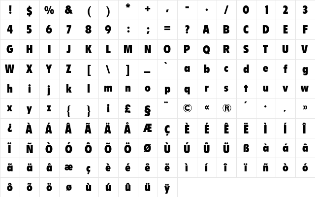 Flyer BQ Regular  glyph index