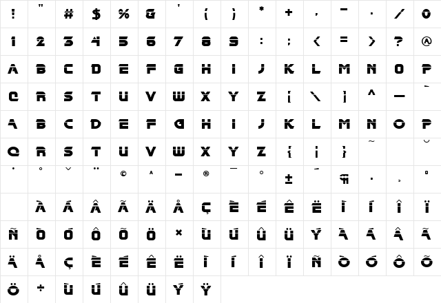 BladeCutThru Regular  glyph index