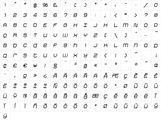 StakBold Oblique Regular  glyph index
