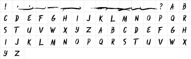 Rush Brush Regular  glyph index