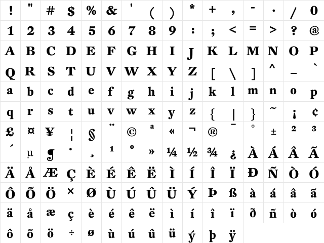 DTL Fleischmann T Bold  glyph index