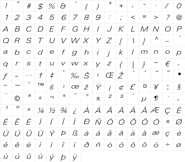 LTUnivers 341 ExtdLightIt  glyph index