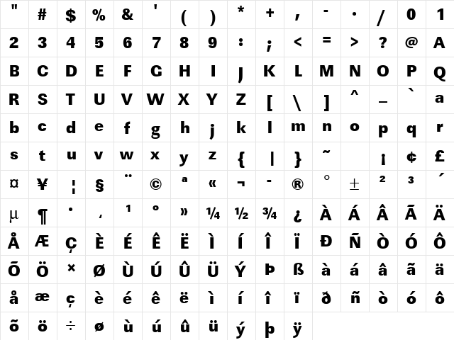 URWLinearTUltBolNar Regular  glyph index