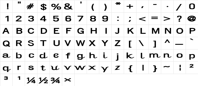 Evangelic Bold  glyph index