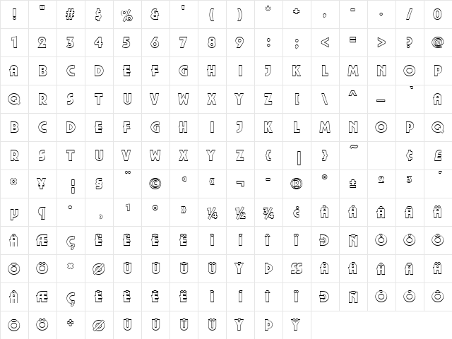 PlazaOutPUlt Regular  glyph index