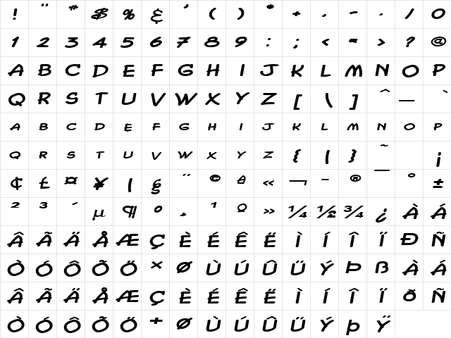 Chasm Extended BoldItalic  glyph index