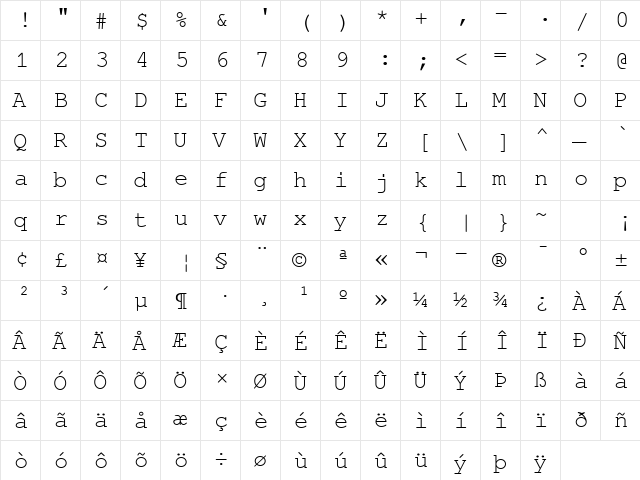 FreeMono Regular  glyph index
