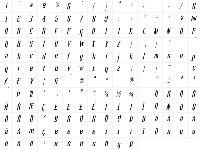 Vahika Italic  glyph index