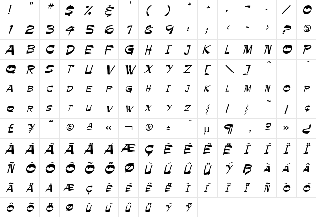 Krimpe Regular  glyph index
