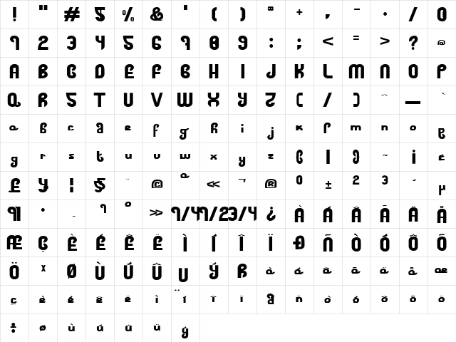 Fat Vodka Regular  glyph index