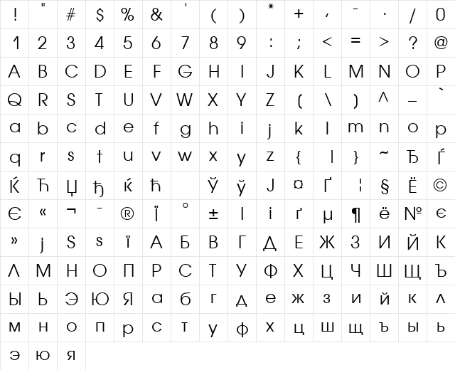 AvantGardeGothicCTT Regular  glyph index