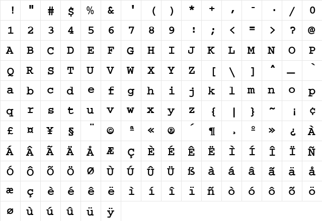 Mono-Bold-Bold Regular  glyph index