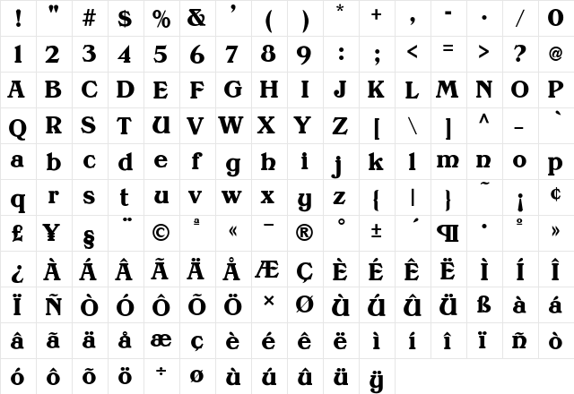 PoynderBold Regular  glyph index