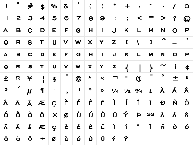 EngraversGothicBT Heavy  glyph index