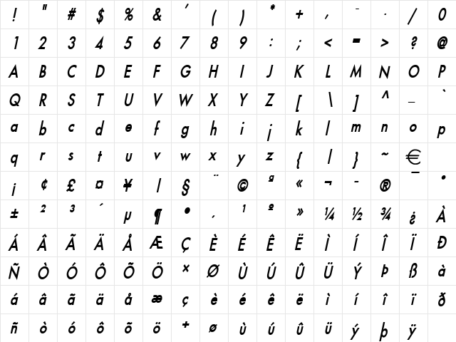 FusiCondensed BoldItalic  glyph index