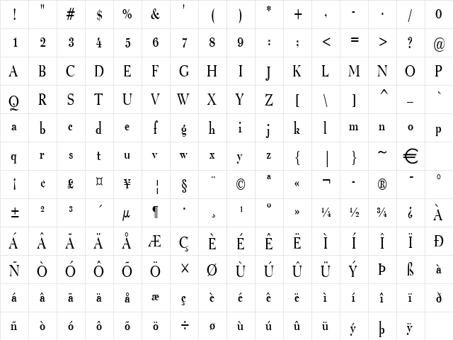 LucianoThin Normal  glyph index