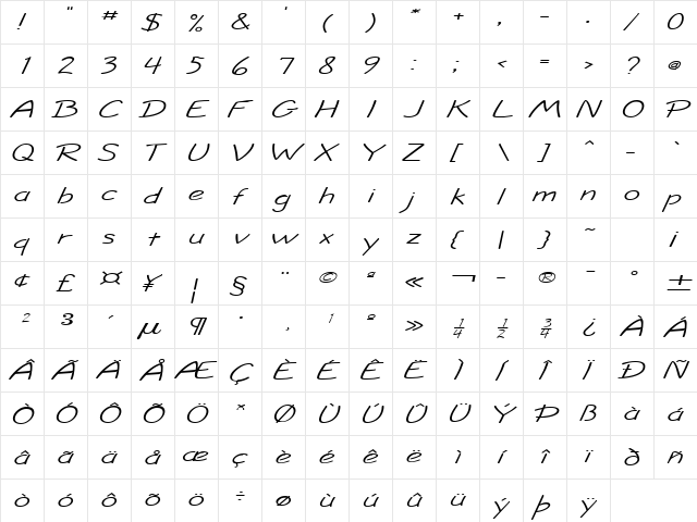 Jolt Extended Italic  glyph index