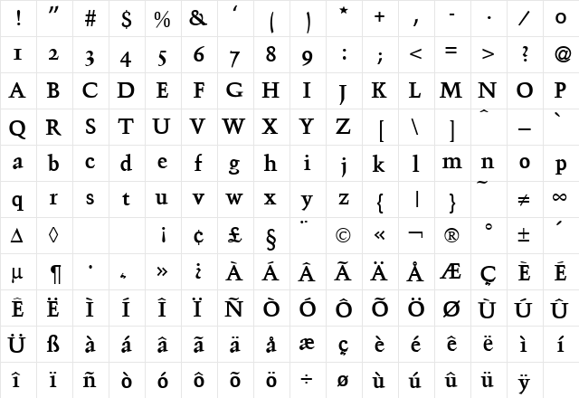 TroubadourOsf Bold  glyph index