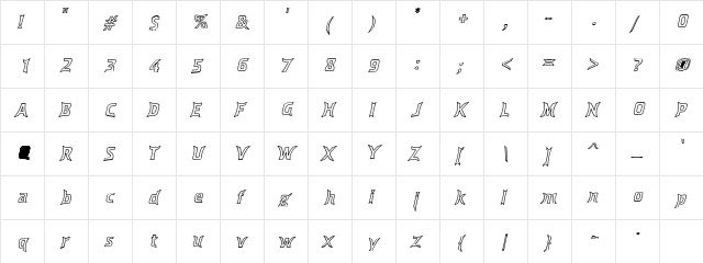 Dross05HollowSlanted Regular  glyph index