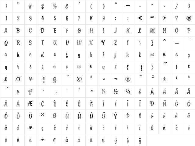 DTC Brody M18 Regular  glyph index