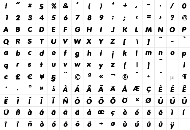 VolkswagenSerial-Heavy Italic  glyph index