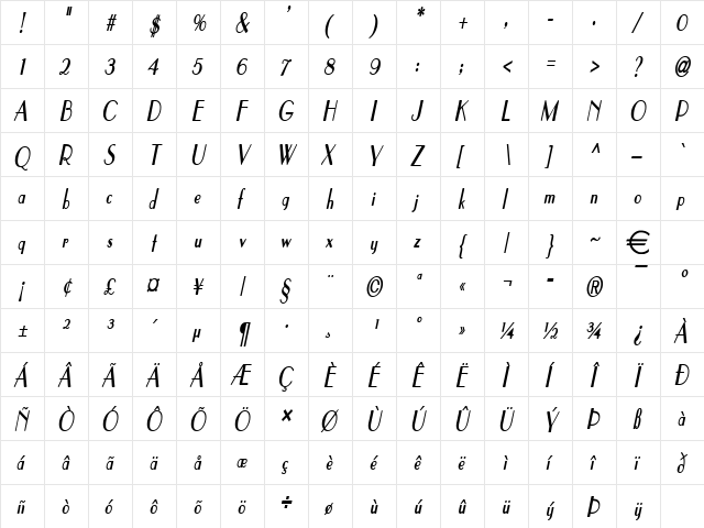 ParisCondensed BoldItalic  glyph index