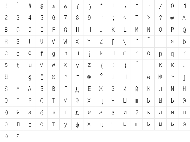 MonoCondensed Regular  glyph index