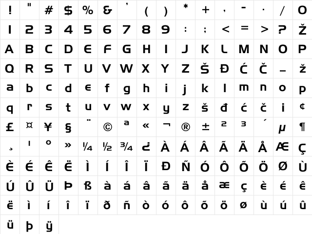 Hannover Bold  glyph index