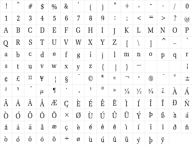 Bid Roman-Condensed Normal  glyph index