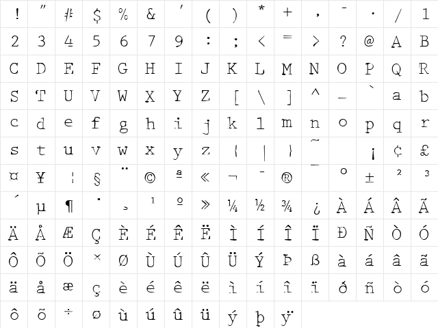DTCDirtyM42 Regular  glyph index