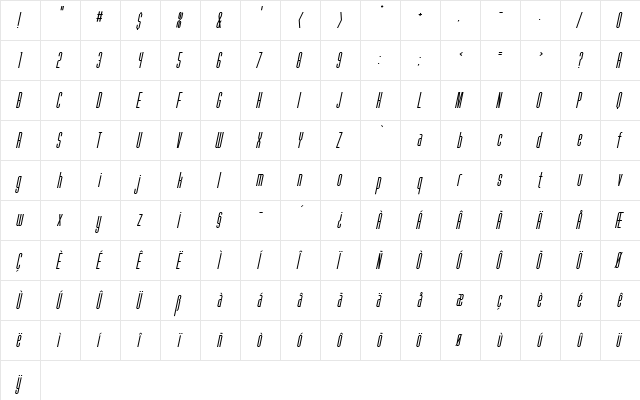 Fanatique Oblique  glyph index