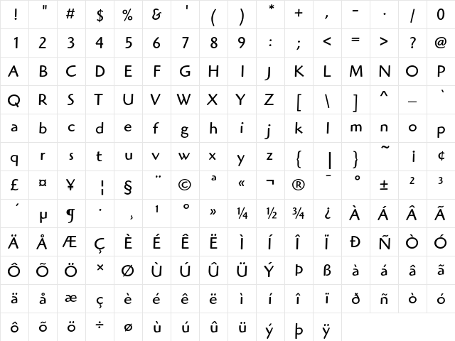 ITC Highlander Book  glyph index
