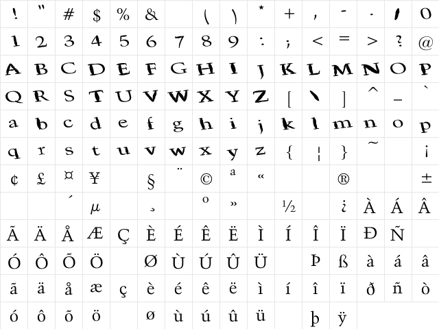 Falling Down Regular  glyph index