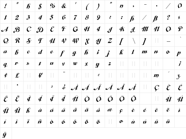 KURZIV_CRNI_D Regular  glyph index