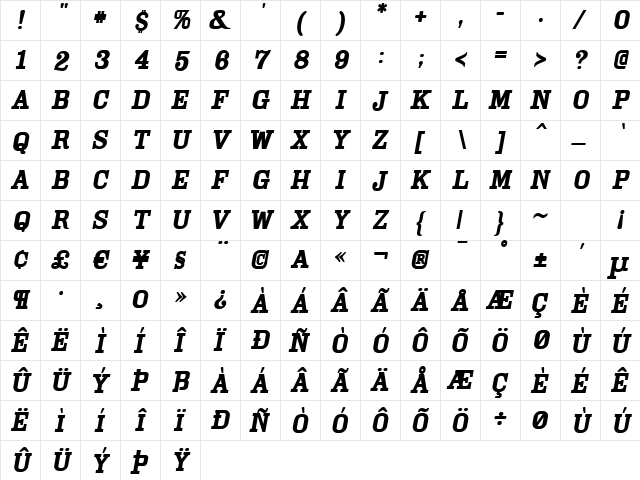 Cam Oblique  glyph index
