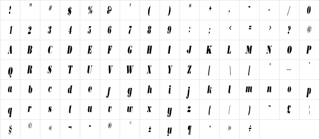 BorjomiCondensedC Italic  glyph index