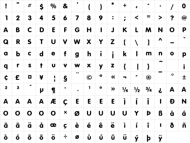 VAG Rundschrift D Regular  glyph index