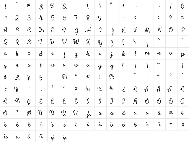 Baby Font Regular  glyph index