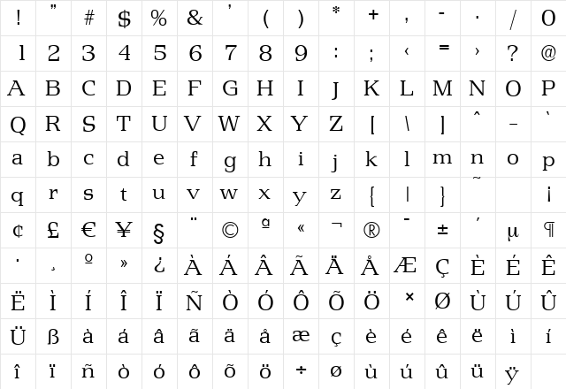 PenthouseSerial-Light Regular  glyph index