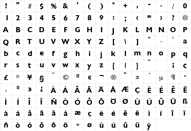 Chantilly-Serial Bold  glyph index