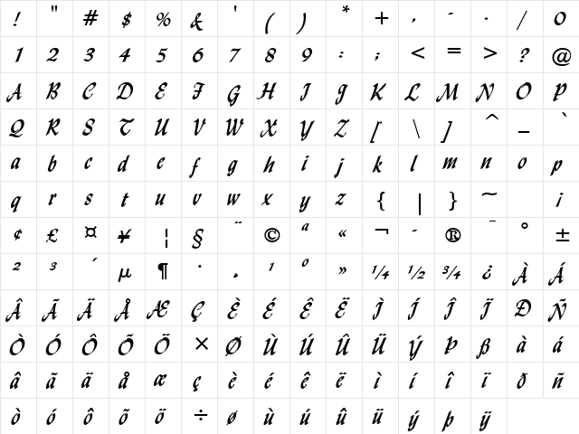 Lynda Cursive Bold  glyph index
