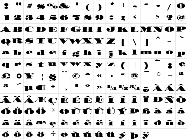 Ozwald ITC Regular  glyph index