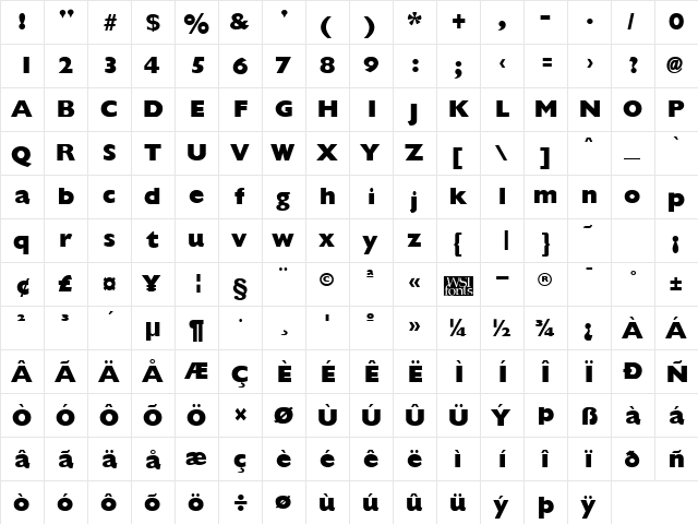 GiliganExtrabold Regular  glyph index