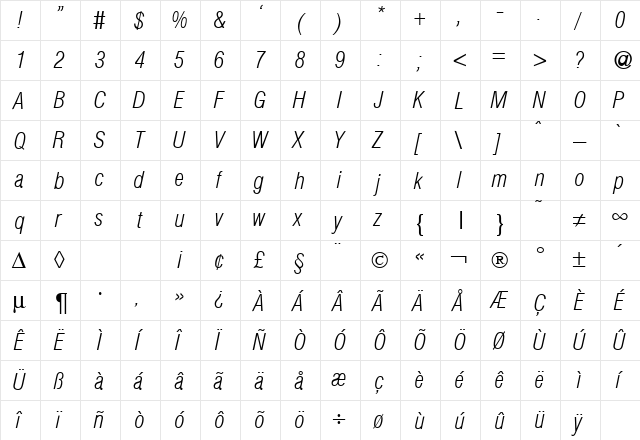 HegelCondExtraLight RegularItalic  glyph index